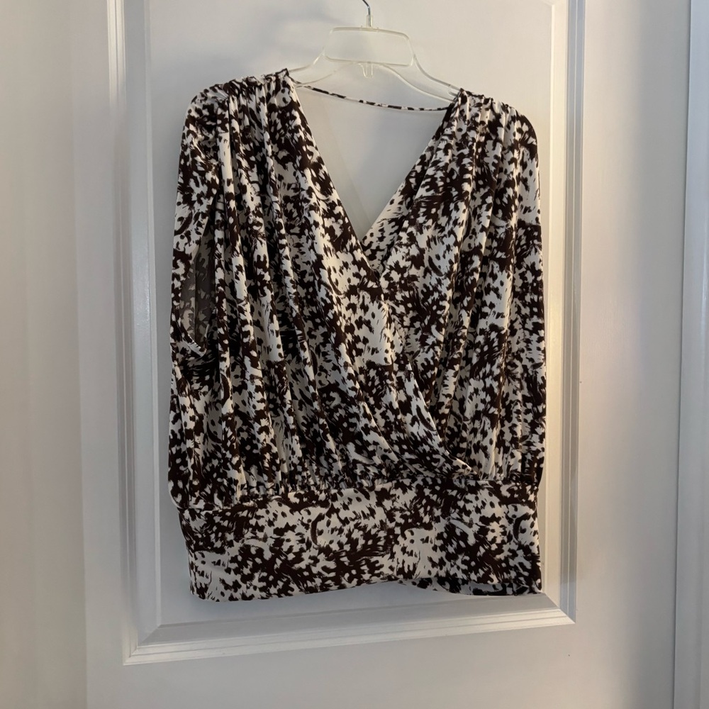 I.N.C. Cross Front Women's Blouse in White and Brown Print Sz XL